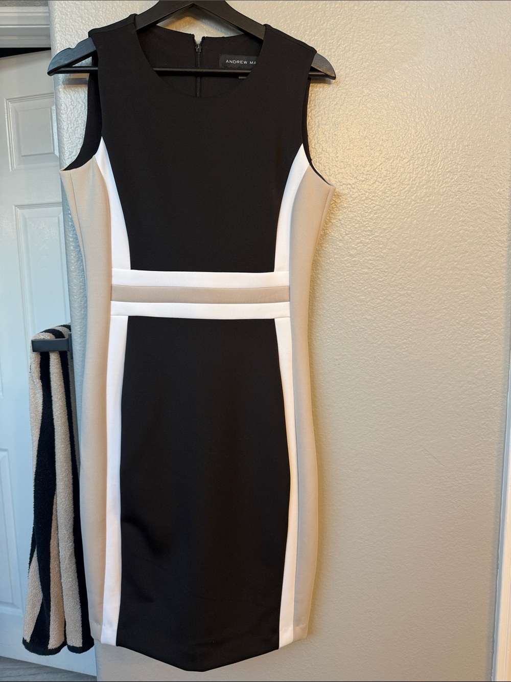 Andrew Marc Black, White and Cream Colorblock Sheath Dress